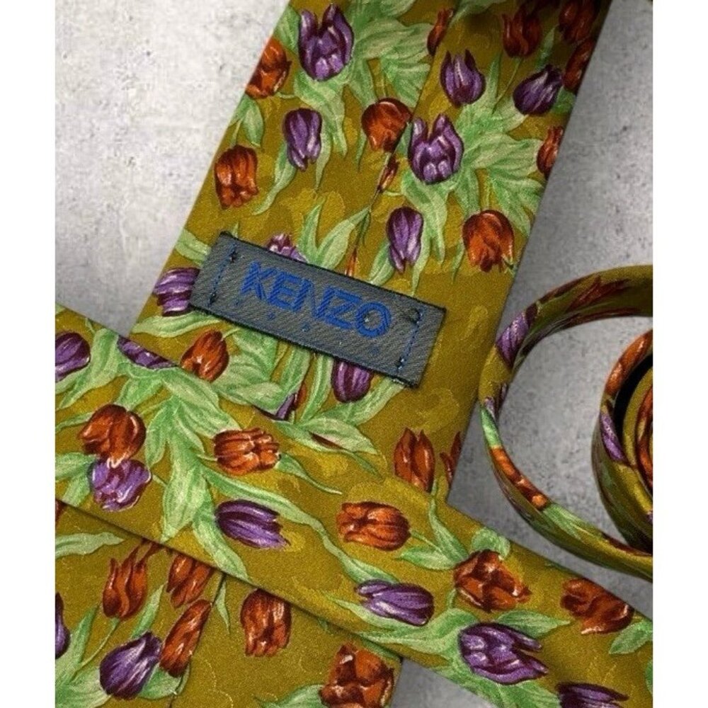 KENZO Silk Tie ITALY Green Purple Floral Leaf W:3.6" EUC - Picture 2 of 5